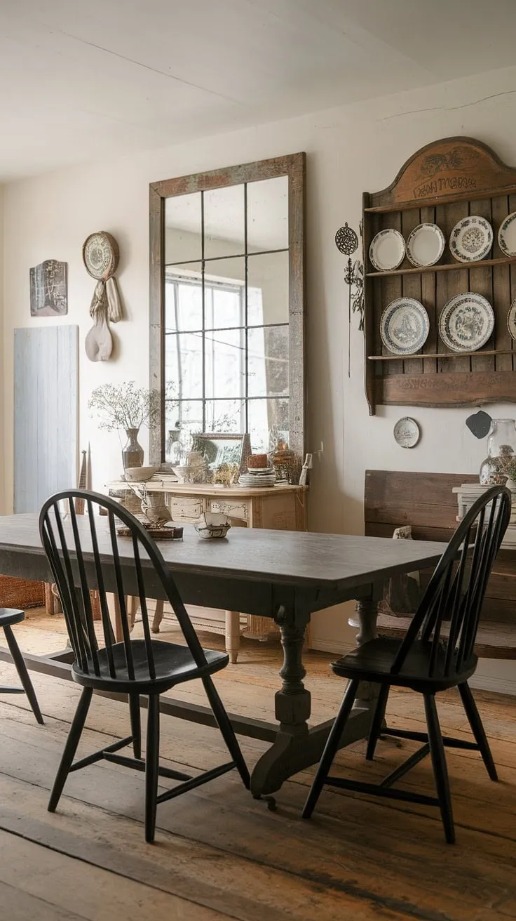 Elegant vintage charm fills a cottage dining room, highlighted by a farmhouse table and black spindle chairs.