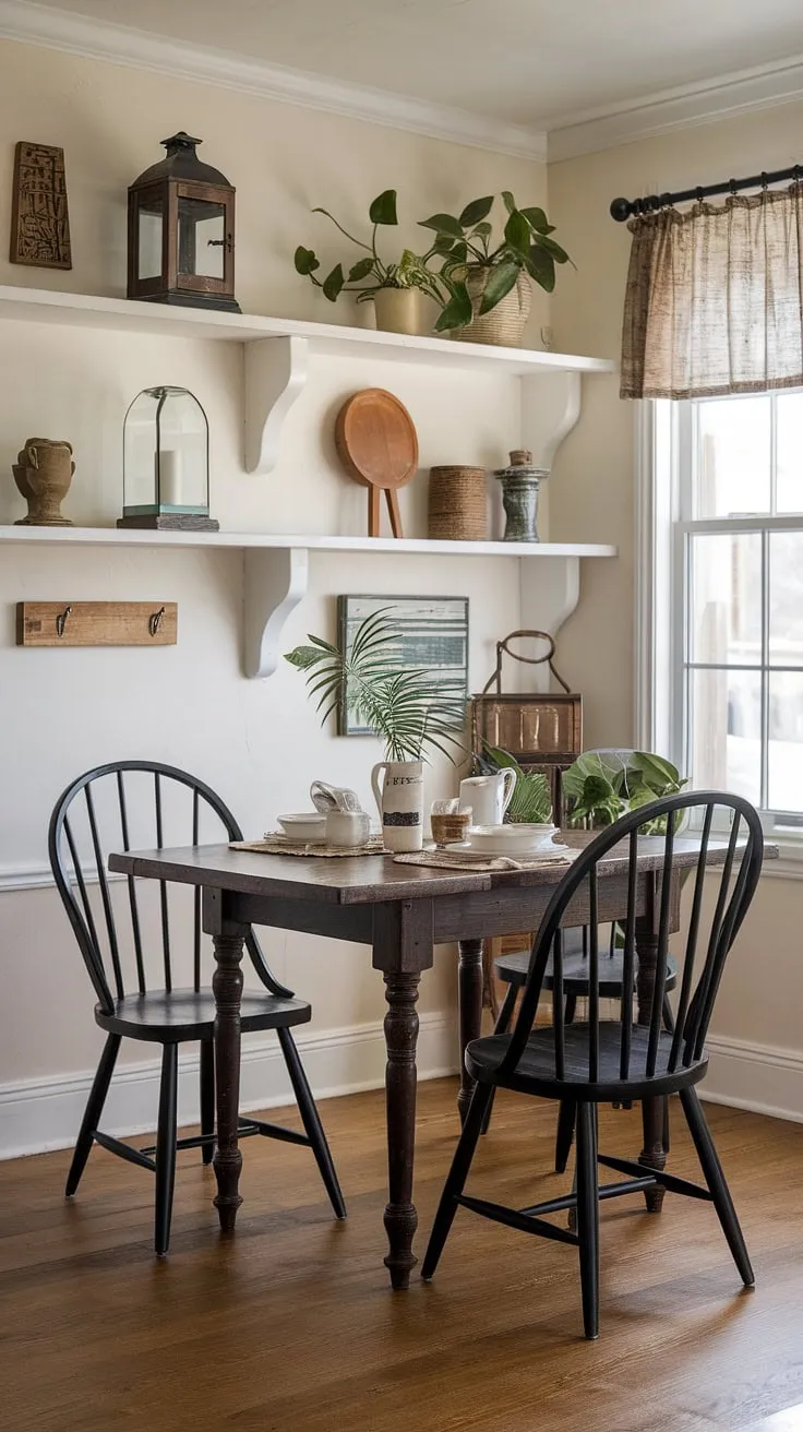 White shelves and a windowed alcove complement a cottage-style dining space featuring a wooden table and black chairs.