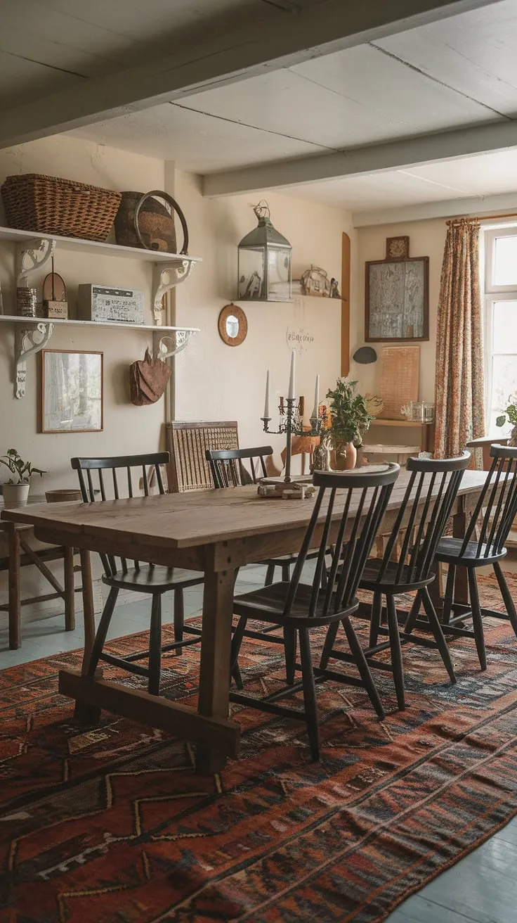 A warm, inviting cottage dining room evokes vintage elegance with its wooden table and patterned rug