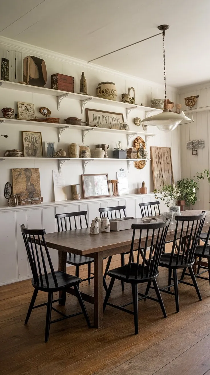 Elegant vintage farmhouse charm fills a wood-floored dining room with a long table and black spindle chairs