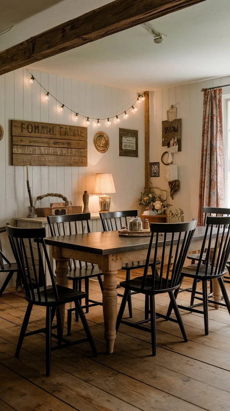 Warm lighting and rustic charm fill a cottage dining room, centered by a farmhouse table and black spindle chairs.