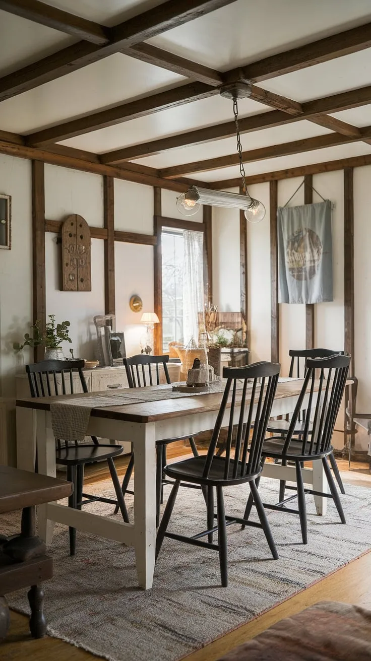 Elegant vintage farmhouse charm fills a cottage dining room with a black spindle chair set and wooden beamed ceilings