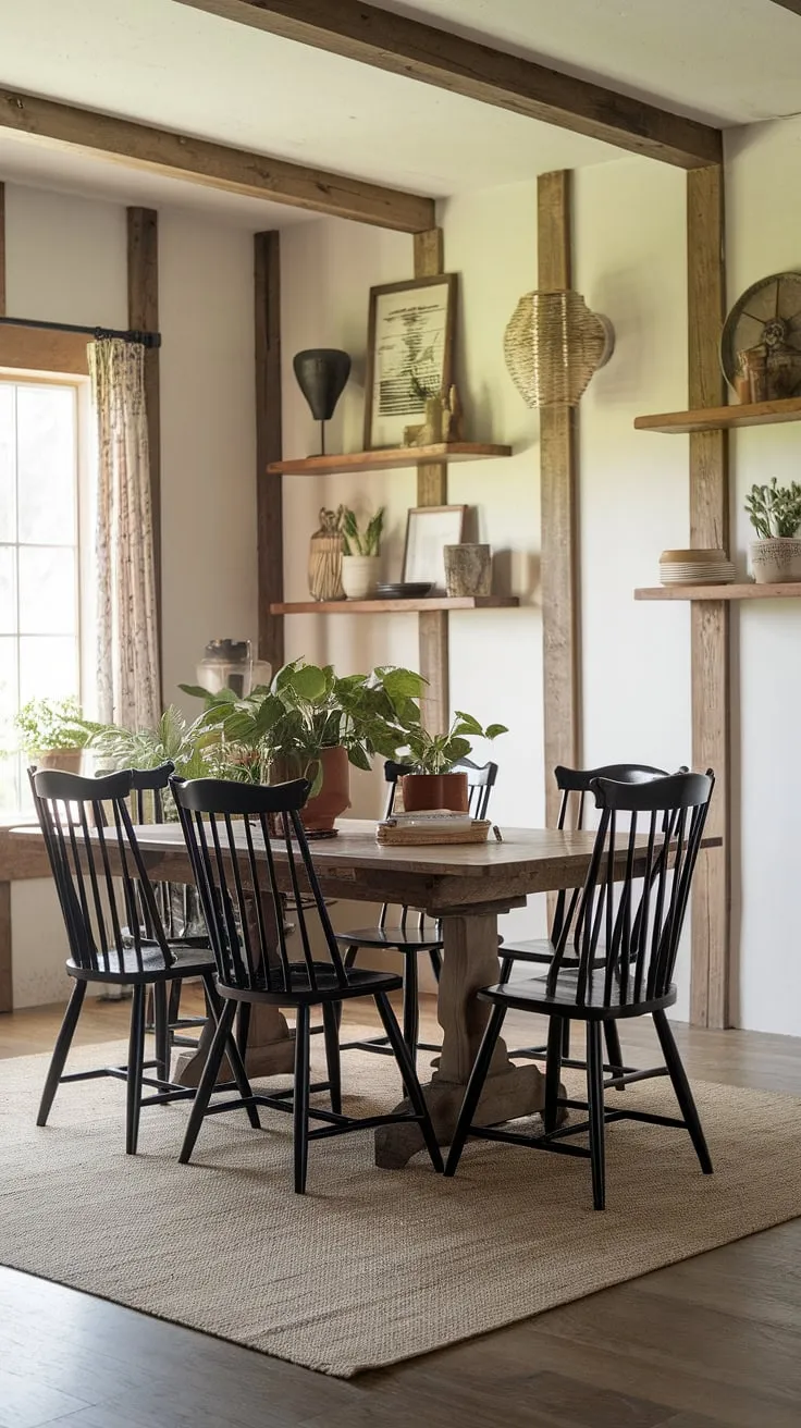 A vintage farmhouse dining room evokes warmth and style through its wooden table, black chairs, and charming decor.