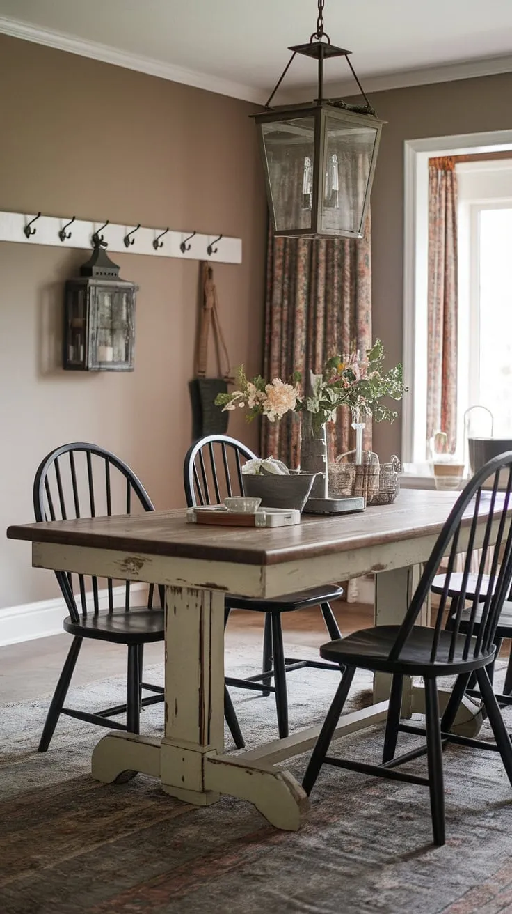 Rustic charm fills a cottage dining room where a distressed wooden table and black spindle chairs gather around a farmhouse-style lantern.