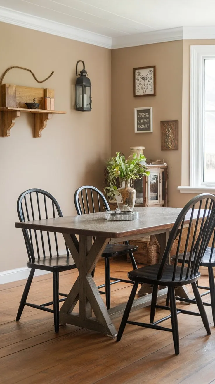 Elegant vintage charm fills a cottage dining room with a distressed wooden table and black spindle chairs