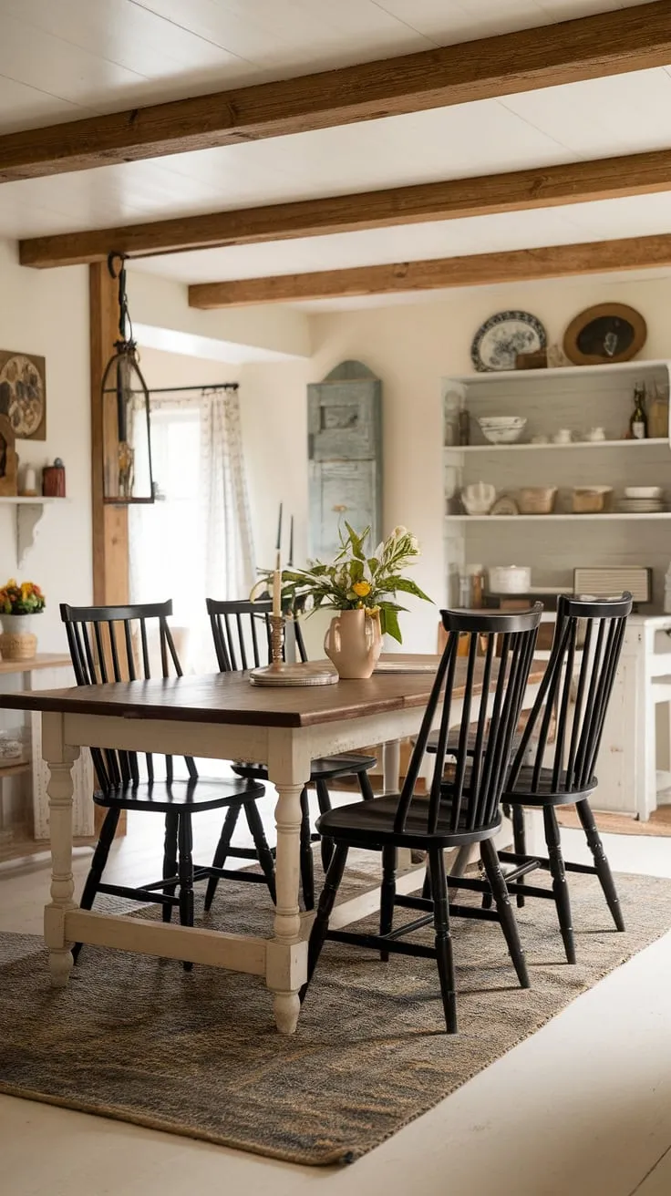 Elegant farmhouse charm fills a cottage dining room, complete with a vintage table and black spindle chairs.