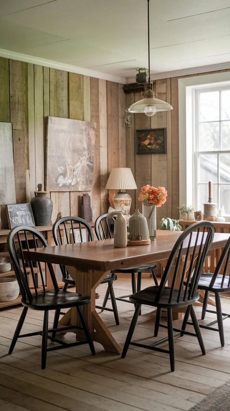 A vintage wooden dining table, surrounded by black spindle chairs, anchors a charming farmhouse cottage dining room.