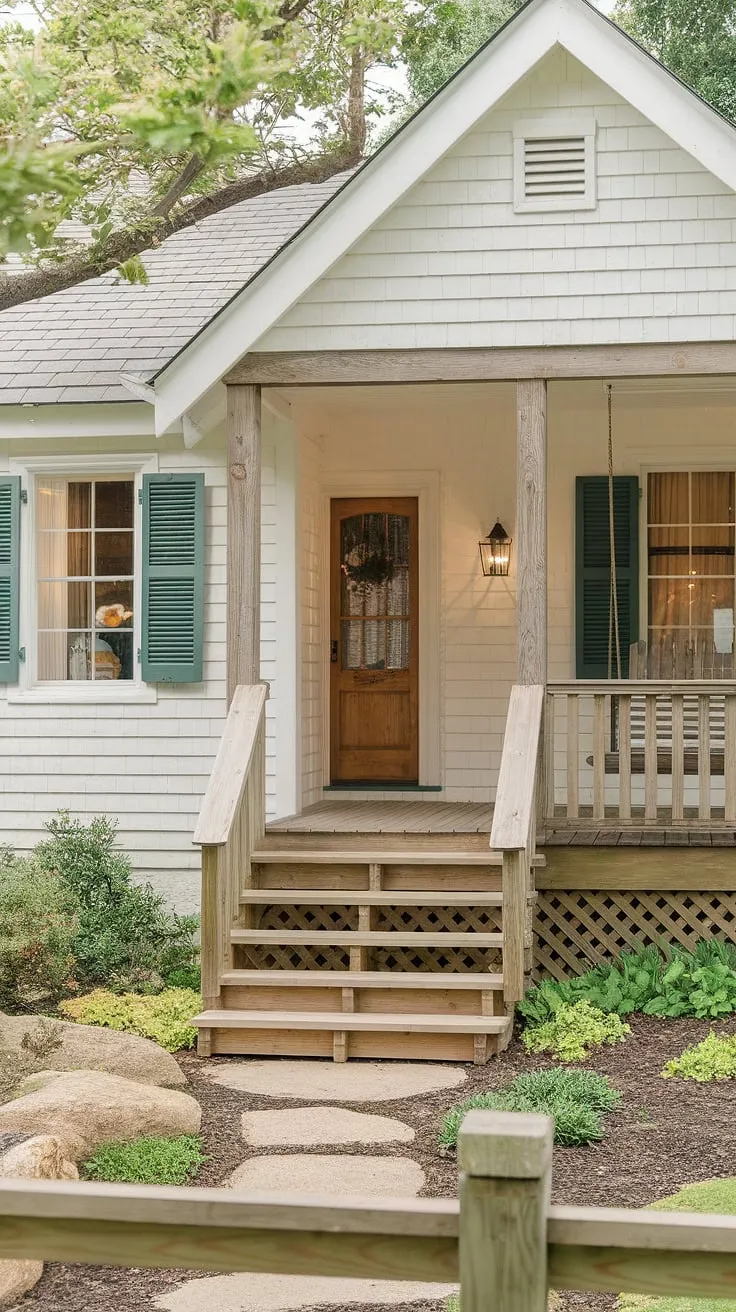 Dreamy cottage life awaits!  Explore inspiring cottage facade ideas with this picturesque white cottage, complete with a captivating cottage front entrance.  Note the charming cottage porch ideas, including the inviting swing, and the beautifully landscaped cottage front garden ideas.  The cottage front door ideas and cottage veranda ideas add to the overall appeal, making this a perfect example of cottage living at its finest.