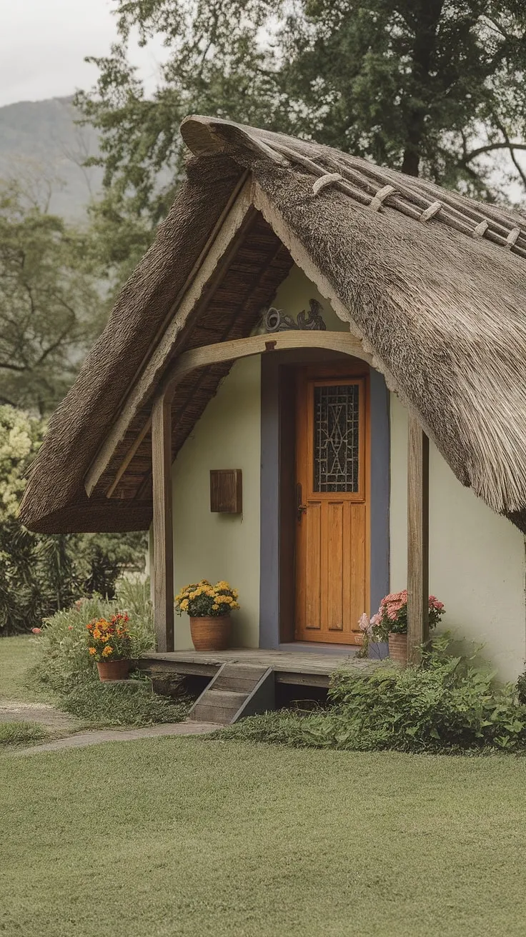 Escape to tranquility. This charming cottage, with its inviting cottage entrance and delightful cottage porch ideas, showcases the perfect blend of rustic charm and modern comfort.  Note the beautiful cottage facade ideas, the flourishing cottage front garden ideas, and the welcoming cottage front door ideas.  The cottage veranda ideas are equally inspiring, creating a serene space to enjoy the breathtaking mountain views.  This cottage front entrance is a dream come true.