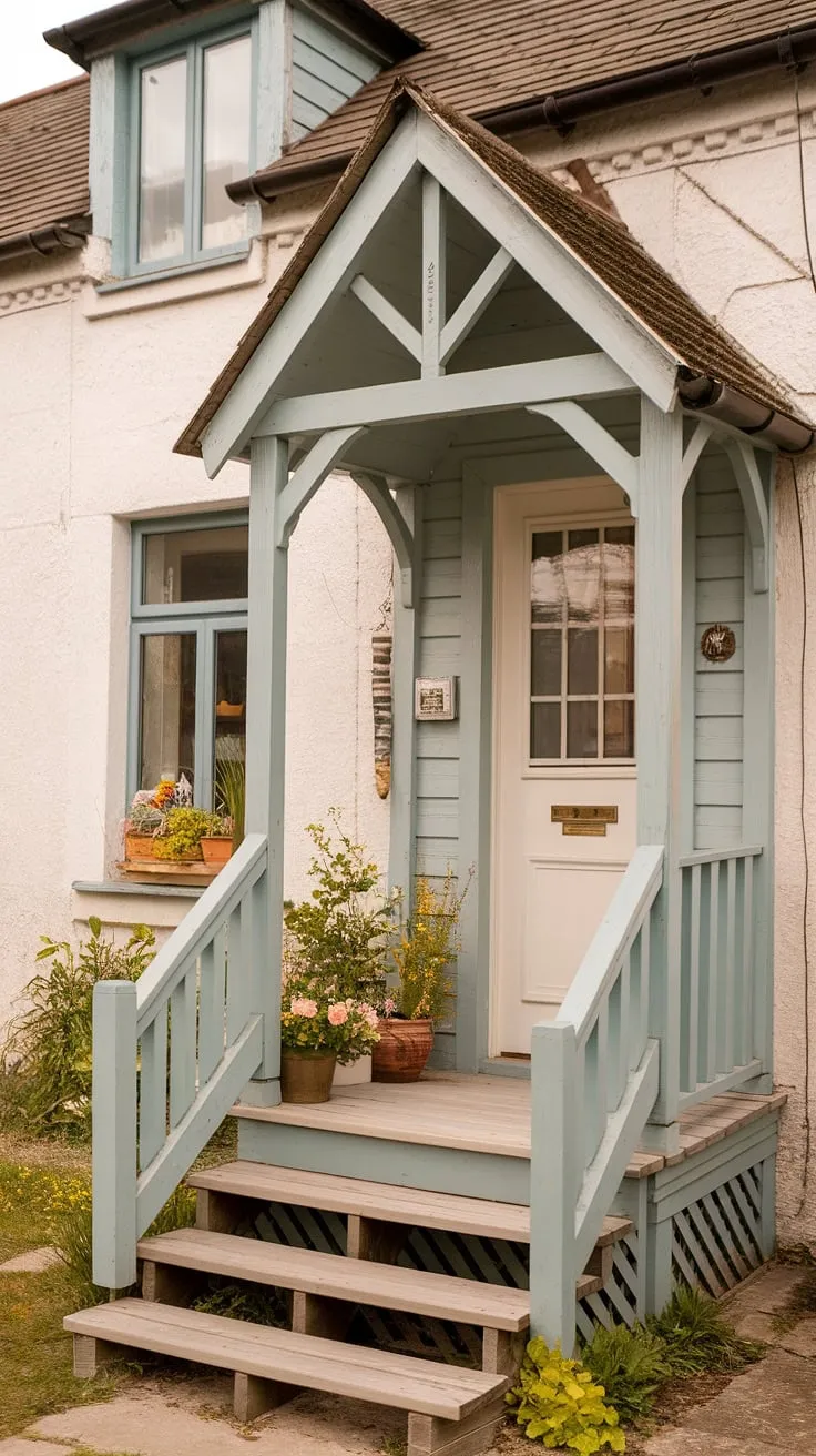 This cottage entrance is a dream come true.  From the charming cottage front door ideas to the thoughtfully designed cottage veranda ideas, every detail speaks of cozy comfort.  Explore the inspiring cottage facade ideas and cottage front garden ideas, and let this image spark your own cottage porch ideas.