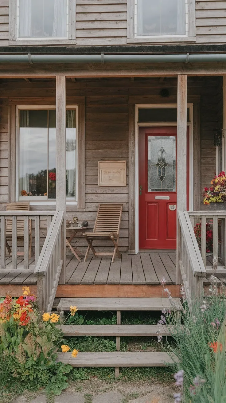 Step into charm with this inviting cottage front entrance.  The cottage porch ideas, cottage facade ideas, and cottage front garden ideas all blend seamlessly to create a picture-perfect scene.  Notice the delightful cottage veranda ideas and cottage front door ideas that complete this idyllic cottage entrance.