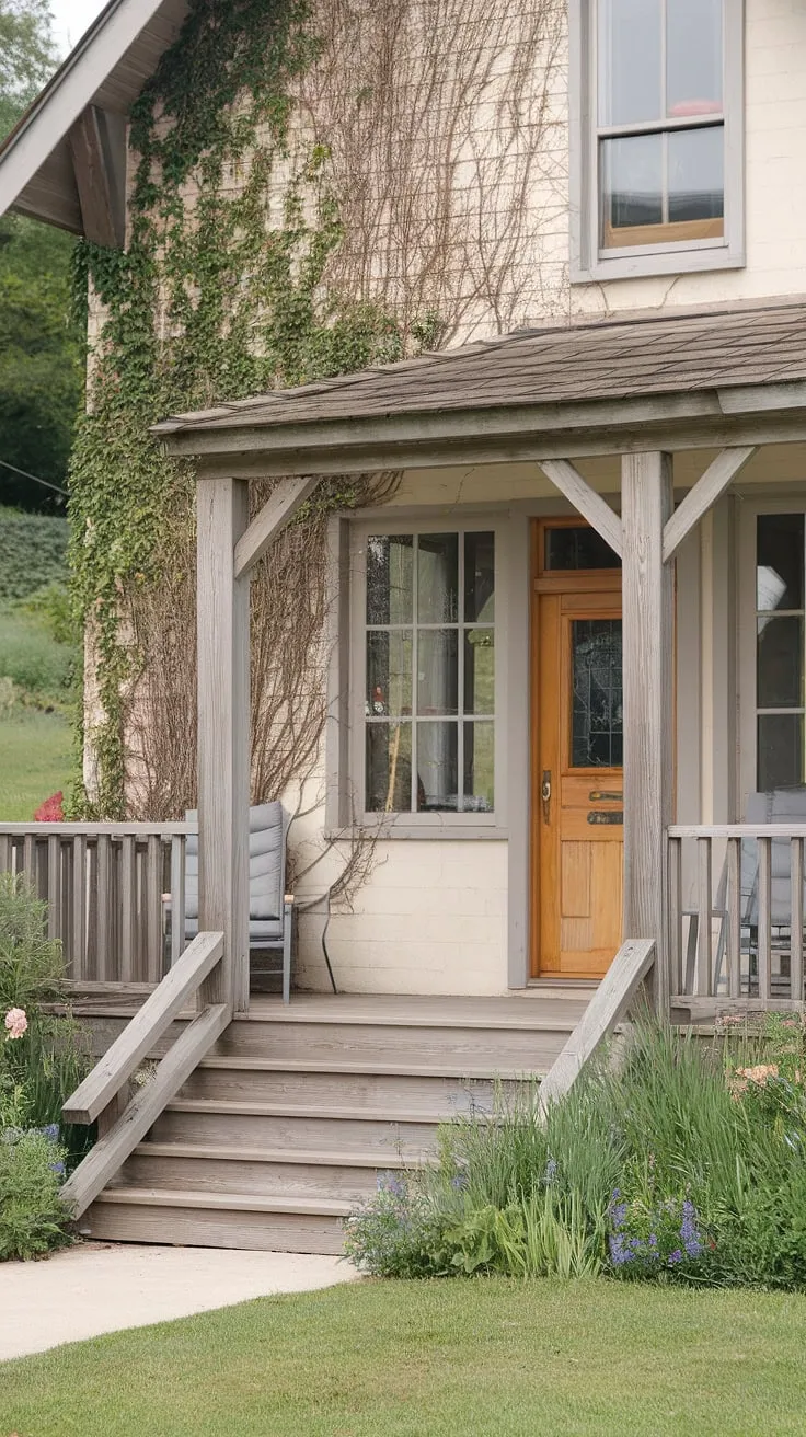 Step into charm with this inviting cottage front entrance.  The cottage porch ideas, cottage facade ideas, and cottage front garden ideas all blend seamlessly to create a picture-perfect scene.  Notice the delightful cottage veranda ideas and cottage front door ideas that complete this idyllic cottage entrance.