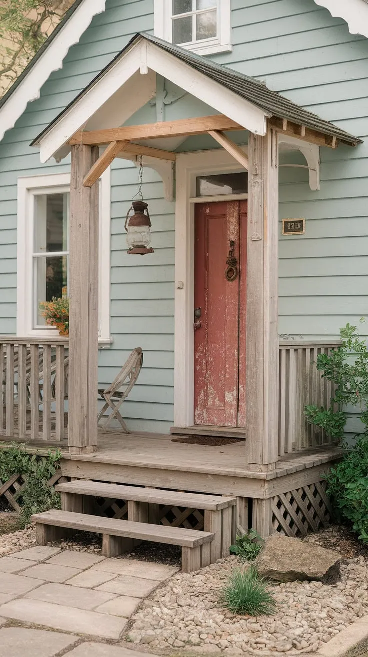 This delightful cottage front entrance boasts a captivating blend of rustic charm and thoughtful design. From the inviting cottage porch ideas to the vibrant red cottage front door and the meticulously planned cottage front garden ideas, every detail speaks volumes.  Explore the possibilities for your own home with these cottage facade ideas and cottage veranda ideas.
