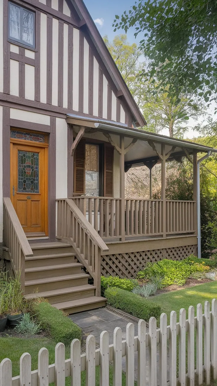 This idyllic cottage boasts stunning cottage facade ideas, from its charming cottage front entrance to its inviting cottage porch ideas.  The cottage front garden ideas are perfectly complemented by the cottage veranda, offering a peaceful retreat.  The unique cottage front door, with its stained-glass detail, sets the tone for the home's character.  Find inspiration for your own cottage veranda ideas and cottage front entrance design here.