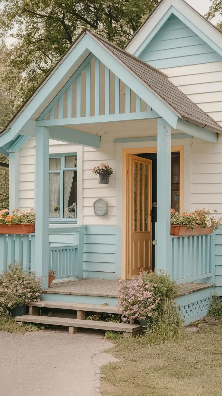 Step into charm. This cottage entrance, with its inviting veranda and thoughtfully designed front garden, showcases delightful cottage porch ideas and cottage facade ideas.  The cottage front door and overall cottage front entrance create a welcoming atmosphere, brimming with inspiration for your own cottage front garden ideas.