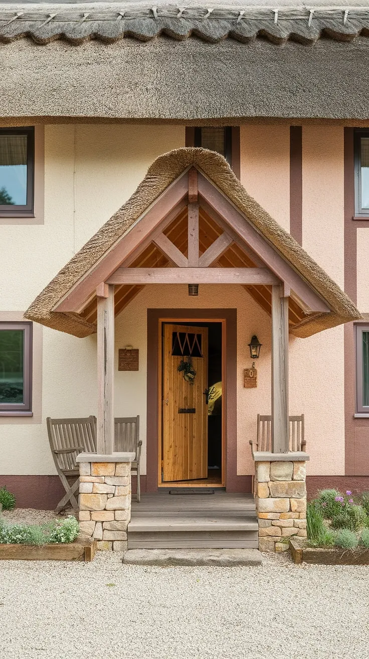 This picturesque cottage boasts stunning cottage facade ideas, from its thatched roof to its inviting cottage front entrance.  The charming cottage porch ideas and clever cottage veranda ideas create a welcoming atmosphere, while the cottage front garden ideas and unique cottage front door ideas add the perfect finishing touches.