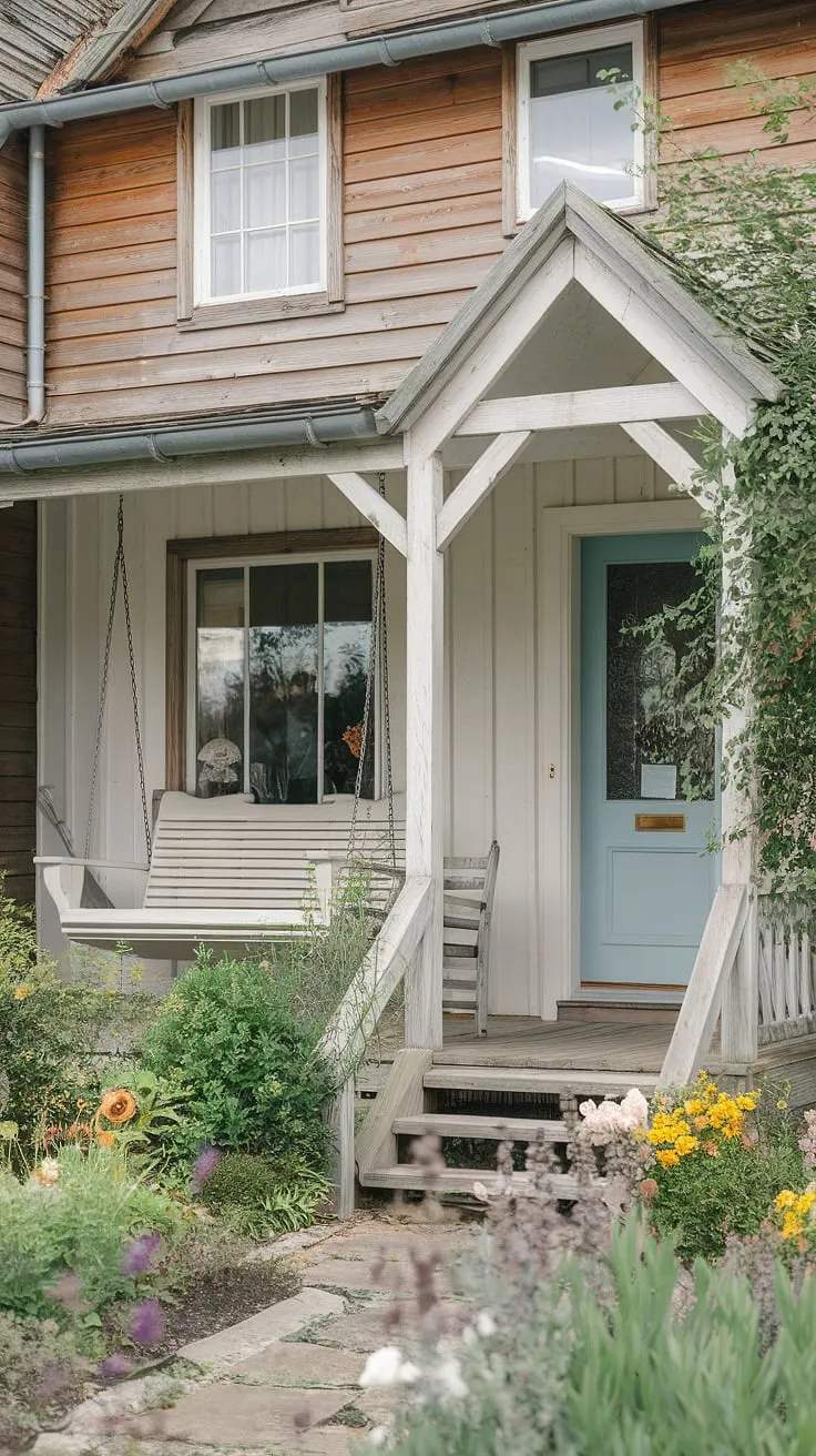 Step into charm with this inviting cottage front entrance.  The cottage porch ideas, cottage veranda ideas, and cottage facade ideas all blend seamlessly, creating a picturesque scene enhanced by delightful cottage front garden ideas and a welcoming cottage front door.