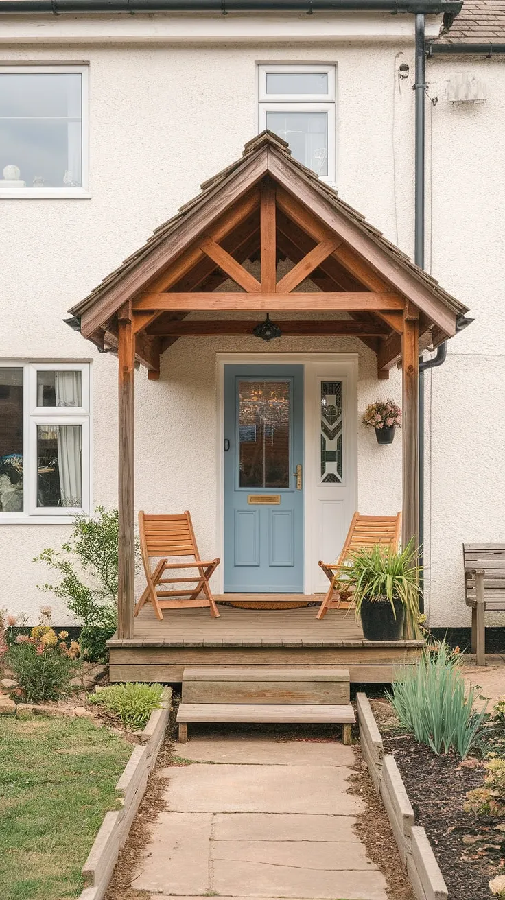Escape to this idyllic cottage.  The inviting cottage front entrance, complete with a welcoming cottage porch and thoughtfully designed cottage front garden ideas, creates a picture of perfect serenity.  Consider these cottage facade ideas and cottage veranda ideas for your own home.  The charming blue cottage front door is the perfect finishing touch.