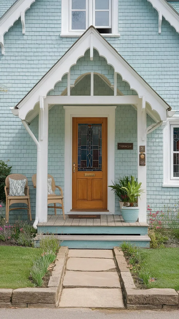 This cottage entrance is a dream come true!  From the inviting cottage front door and thoughtful cottage veranda ideas to the stunning cottage facade ideas and flourishing cottage front garden ideas, every detail speaks of cozy cottage living.