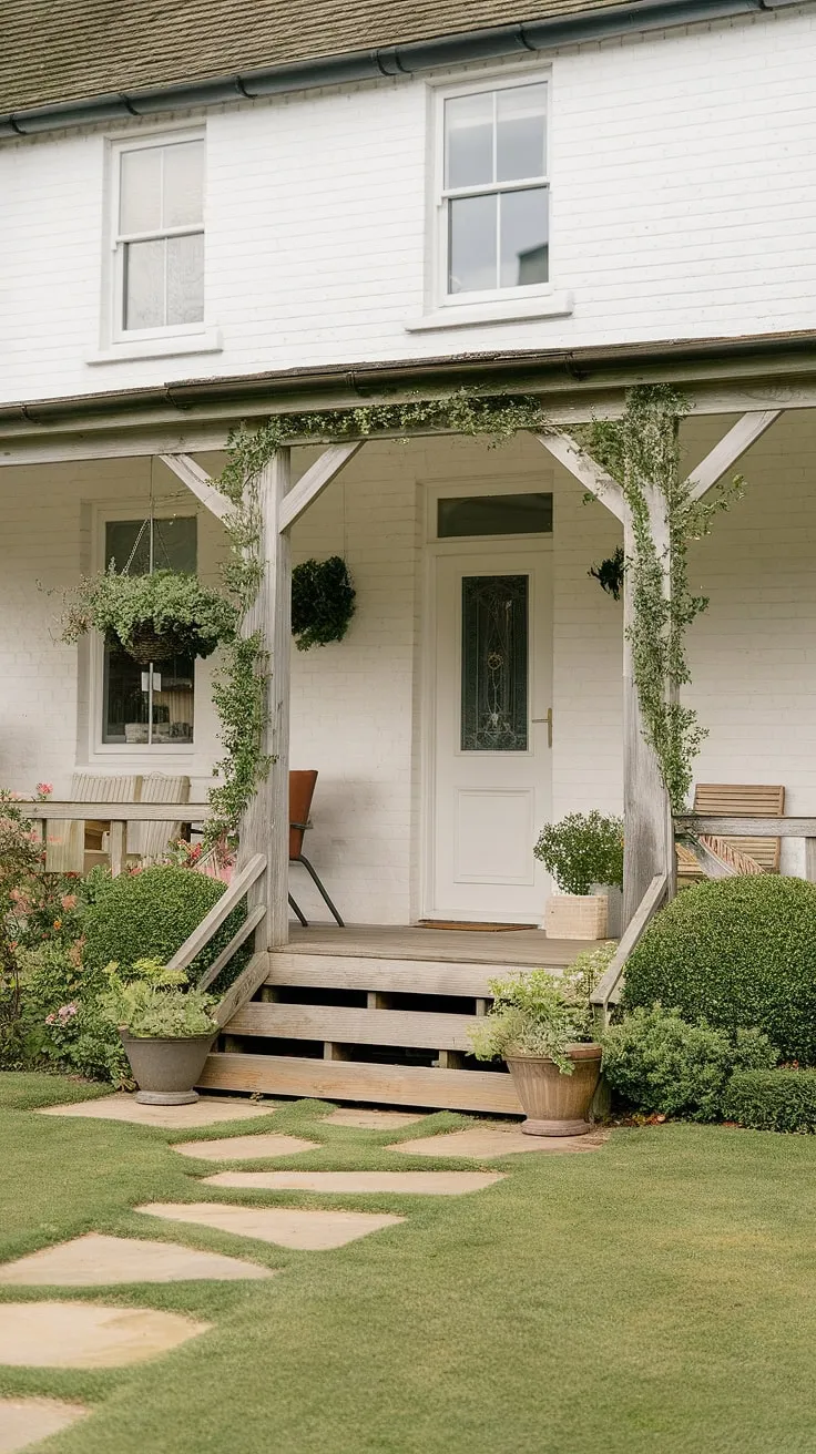 This idyllic cottage showcases delightful cottage front entrance design.  From the inviting cottage porch ideas and carefully curated cottage facade ideas to the meticulously planned cottage front garden ideas, every detail speaks of peaceful charm.  The cottage front door ideas and cottage veranda ideas complete this picture-perfect scene.