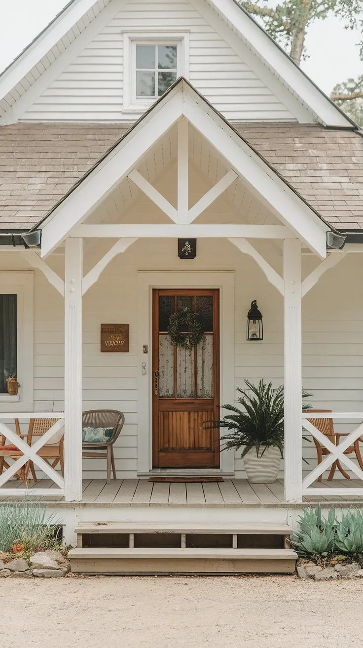 This picturesque cottage front entrance boasts inspiring cottage facade ideas, clever cottage porch ideas, and thoughtfully designed cottage front garden ideas.  Notice the charming cottage front door ideas and the inviting cottage veranda ideas that create a perfect blend of rustic elegance.