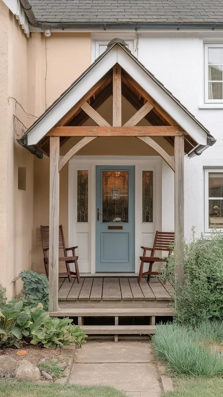 This cottage entrance is a dream, boasting beautiful cottage facade ideas, charming cottage veranda ideas, and thoughtful cottage front garden ideas.  The cottage front door ideas add the perfect finishing touch to this idyllic cottage porch.