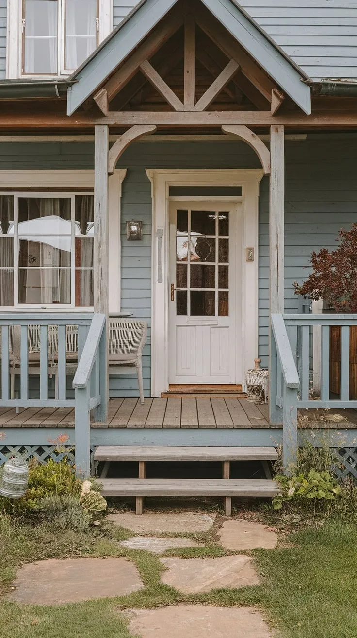 Step into charm with this inviting cottage front entrance.  The cottage porch ideas, cottage facade ideas, and cottage front garden ideas all blend seamlessly to create a picture-perfect scene.  Notice the delightful cottage veranda ideas and cottage front door ideas that complete this idyllic cottage entrance.