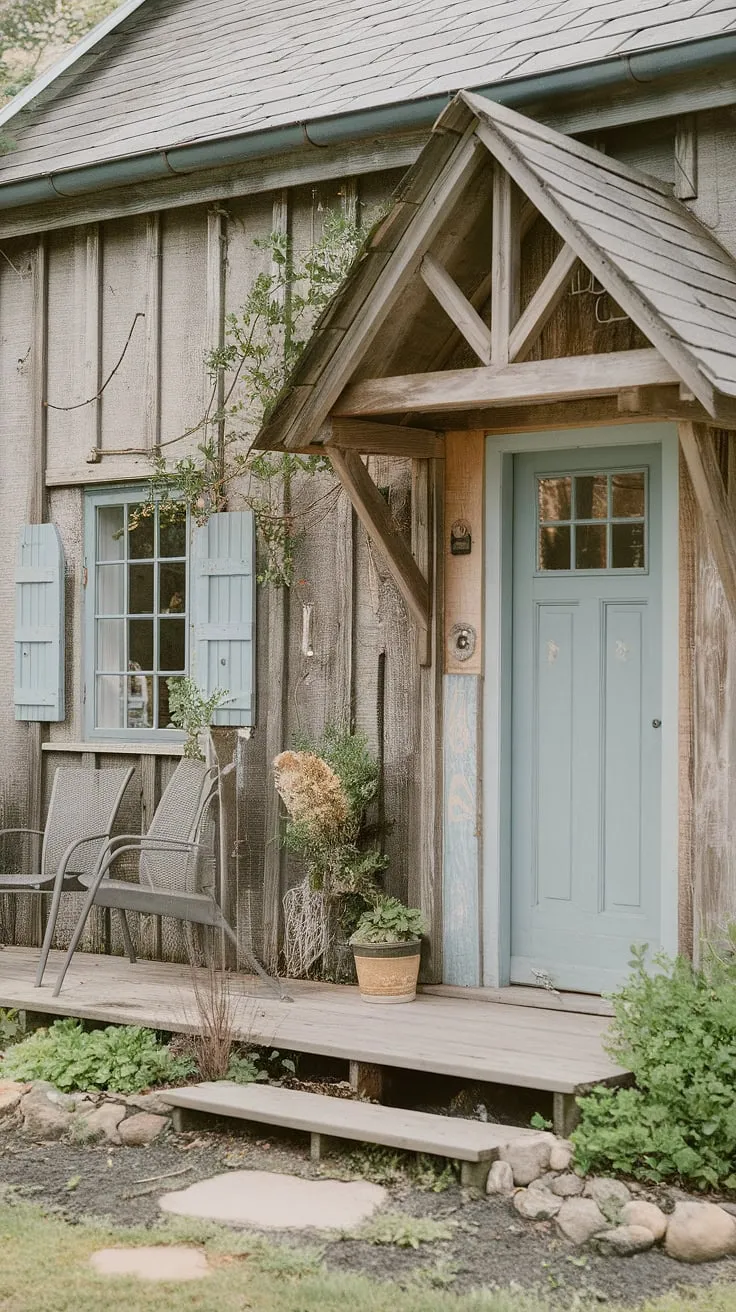 Step into charm. This cottage entrance, with its inviting veranda and thoughtfully designed front garden, showcases delightful cottage porch ideas, cottage facade ideas, and cottage front door ideas.  The entire front entrance is a testament to the beauty of simple cottage front entrance design.