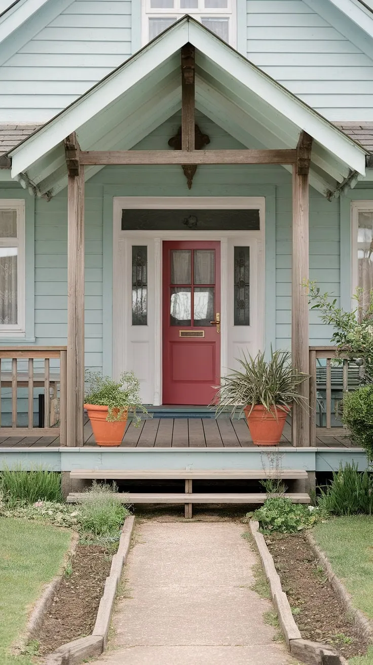 Step into charm. This cottage entrance, with its inviting veranda and thoughtfully designed front garden, showcases delightful cottage porch ideas, cottage facade ideas, and cottage front door ideas.  The entire front entrance is a testament to the beauty of simple cottage front entrance design.