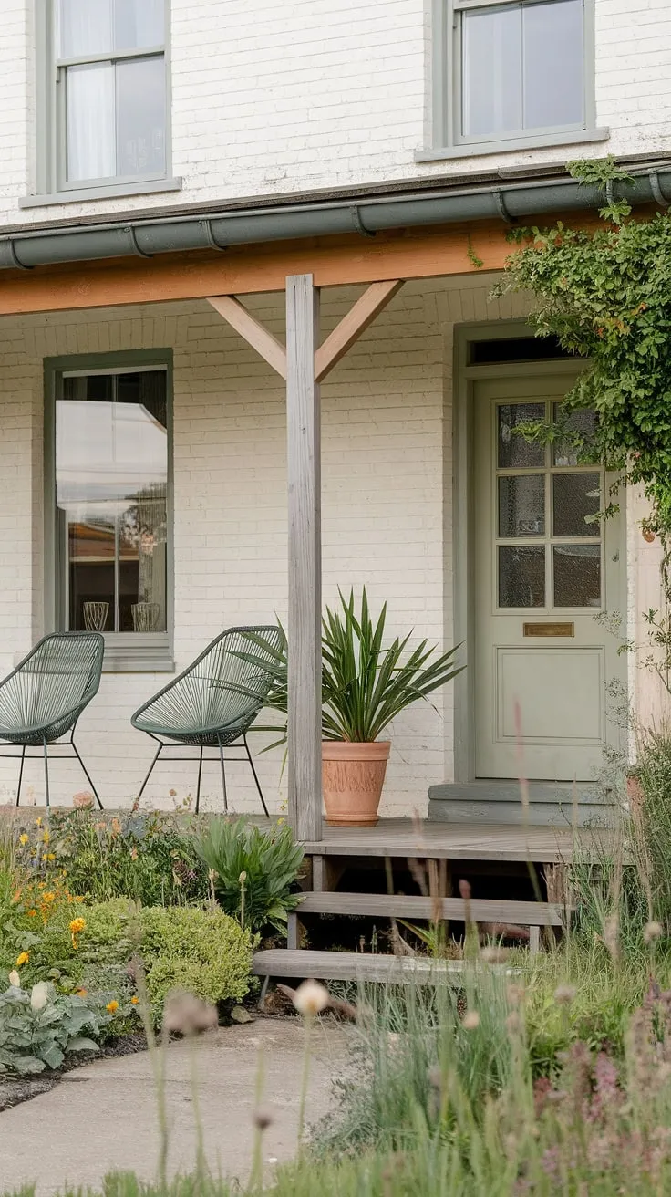 Escape to this picturesque cottage front entrance, where cottage porch ideas blend seamlessly with cottage facade ideas.  The cottage front garden ideas showcase a riot of blooms, while the cottage front door ideas add a touch of rustic charm.  The inviting cottage veranda ideas create a perfect spot for relaxation.  This is cottage living at its finest.
