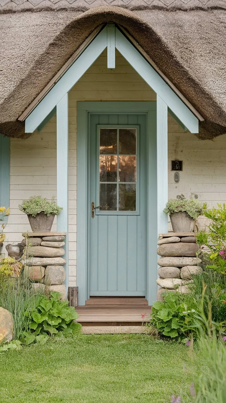Step into charm with this inviting cottage front entrance, showcasing delightful cottage porch ideas and a beautifully landscaped cottage front garden.  The cottage facade ideas are perfectly complemented by the cottage veranda ideas and a charming cottage front door.