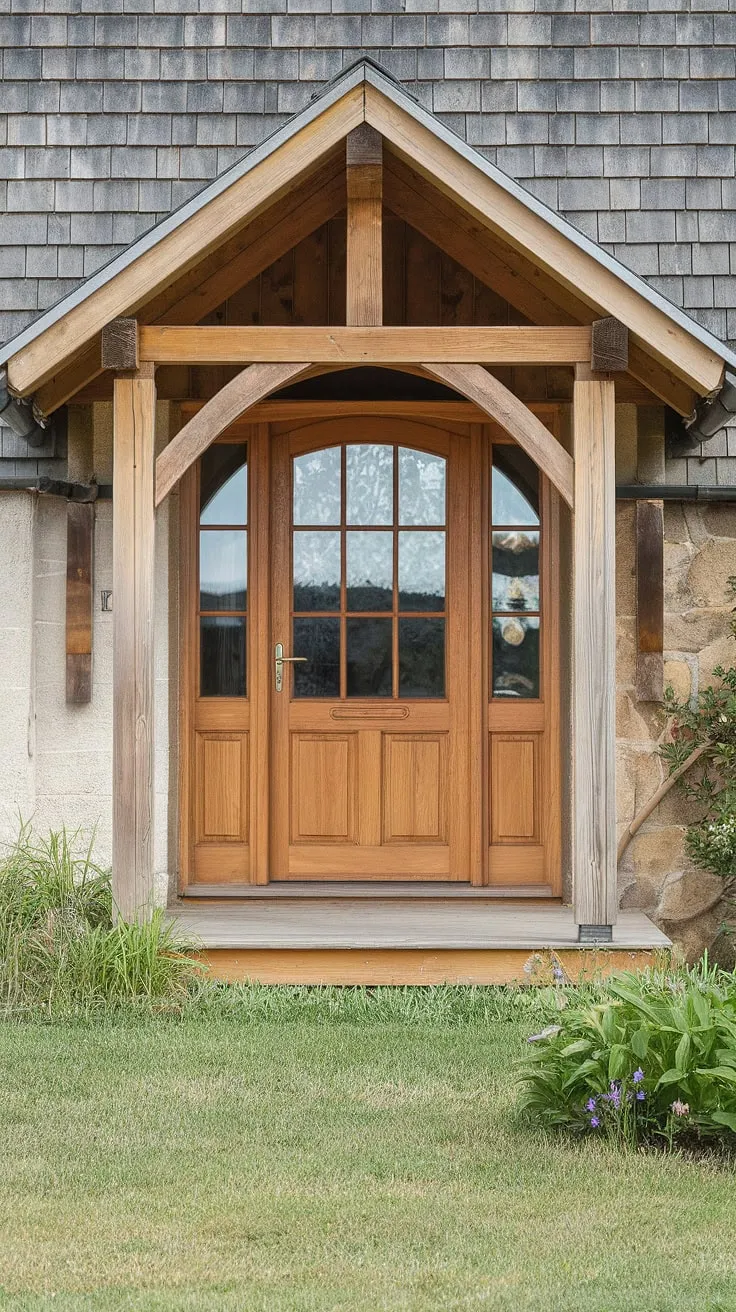 Step into charm with this cottage front entrance, showcasing delightful cottage porch ideas and a captivating cottage facade.  The cottage front garden ideas perfectly complement the inviting cottage veranda ideas and stunning cottage front door ideas.