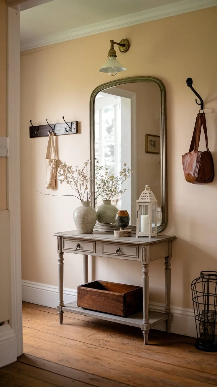 A welcoming cottage entryway boasts vintage elegance with a mirrored table and classic hallway design.