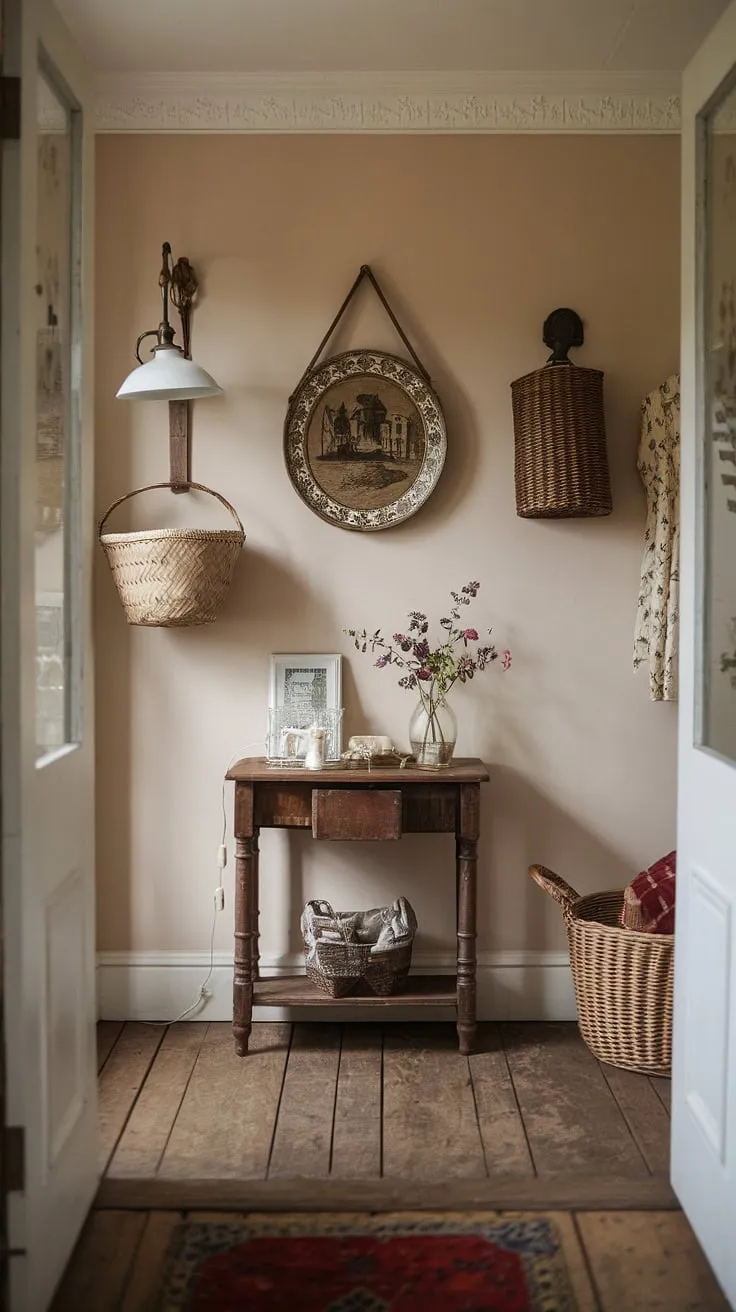 Elegant English charm fills a vintage cottage hallway, showcasing classic design and tasteful décor