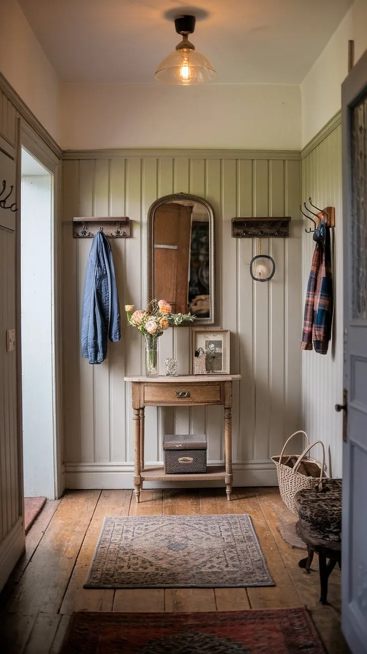 Warm lighting enhances the charming English cottage entryway's vintage appeal