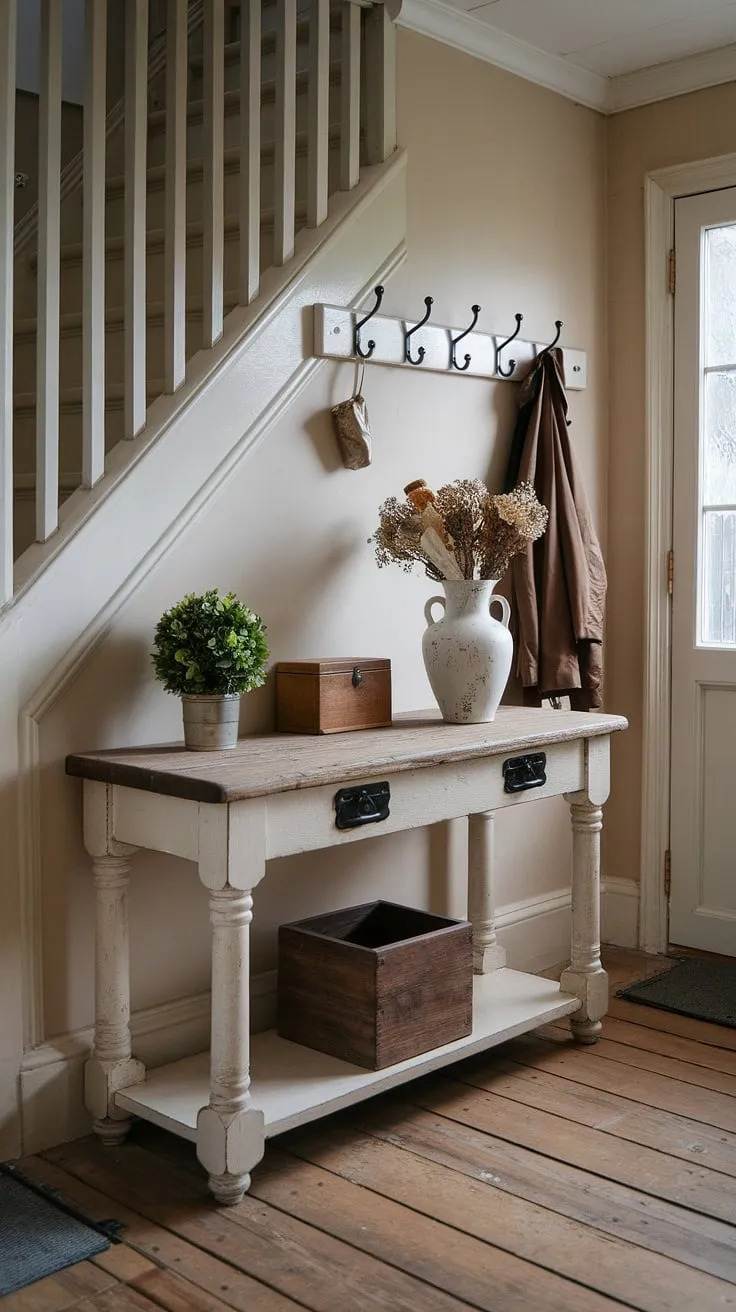 Vintage details and a welcoming atmosphere define this English cottage entryway.