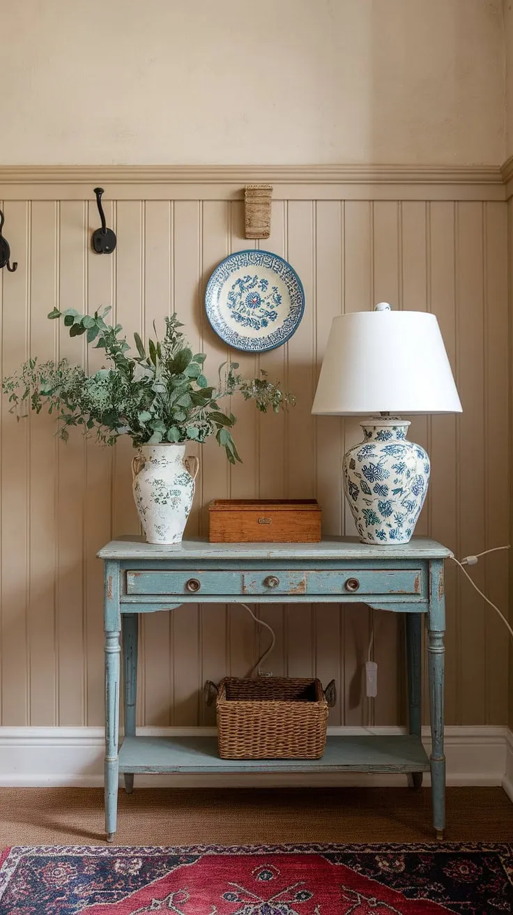 Elegant cottage entryway décor features a vintage table styled with a lamp, vase, and charming accents