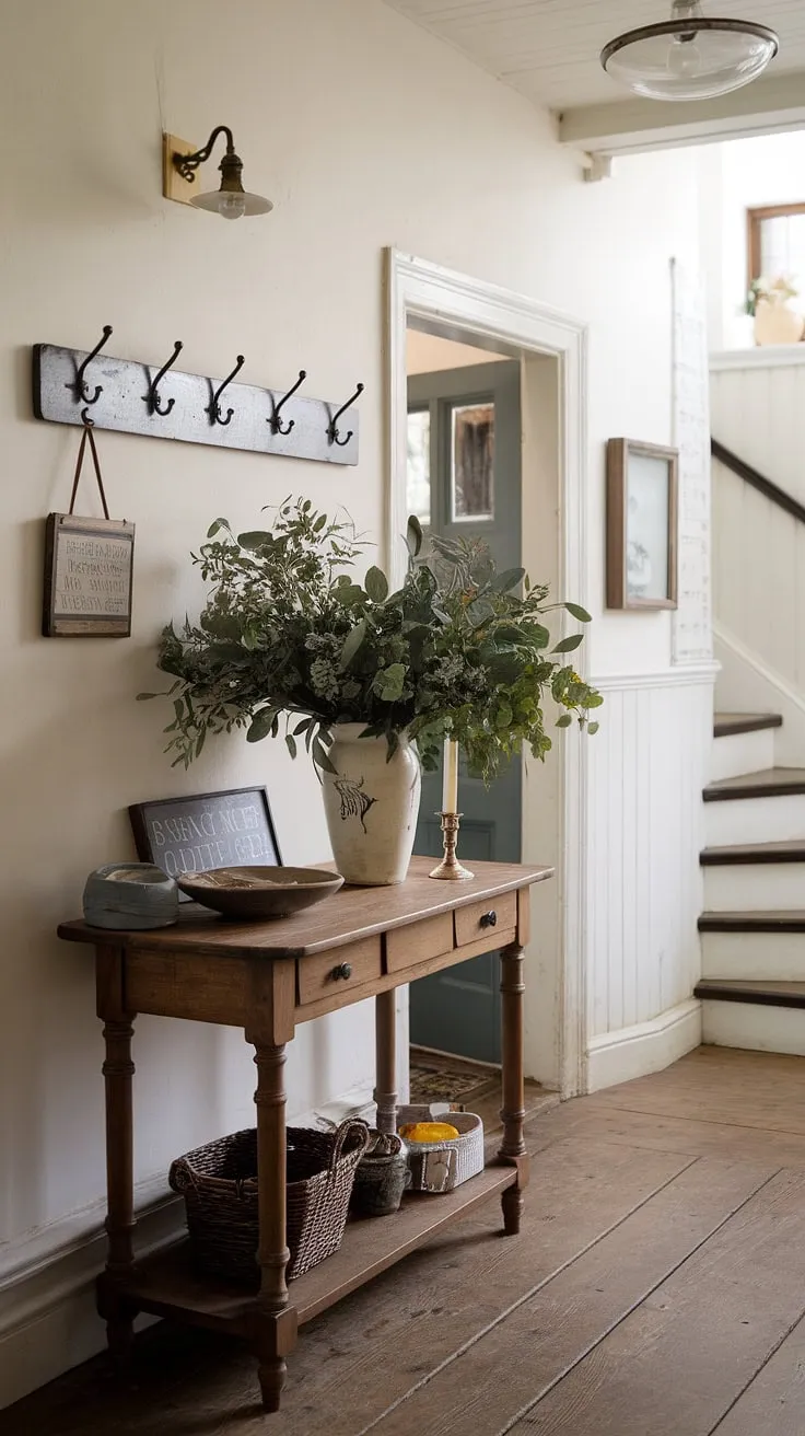 A white-walled cottage hallway exudes peaceful English country style with a charming table arrangement.