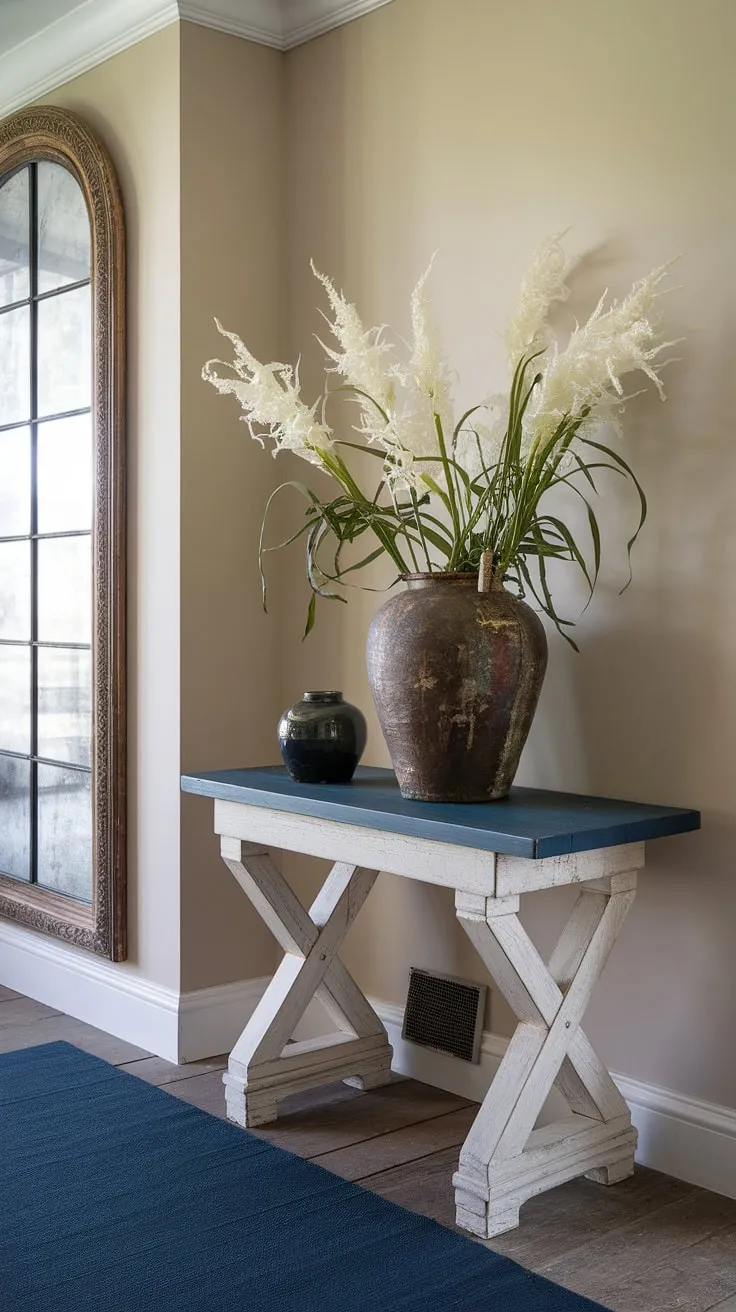 A charming cottage entrance boasts a vintage table, ornate mirror, and a calming blue and beige color scheme.