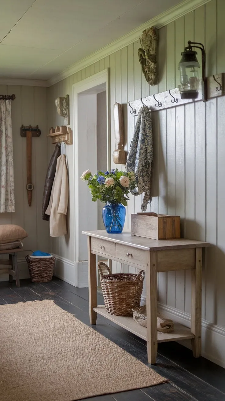 A charming vintage English cottage entryway boasts a welcoming wooden table, floral accents, and cozy details.