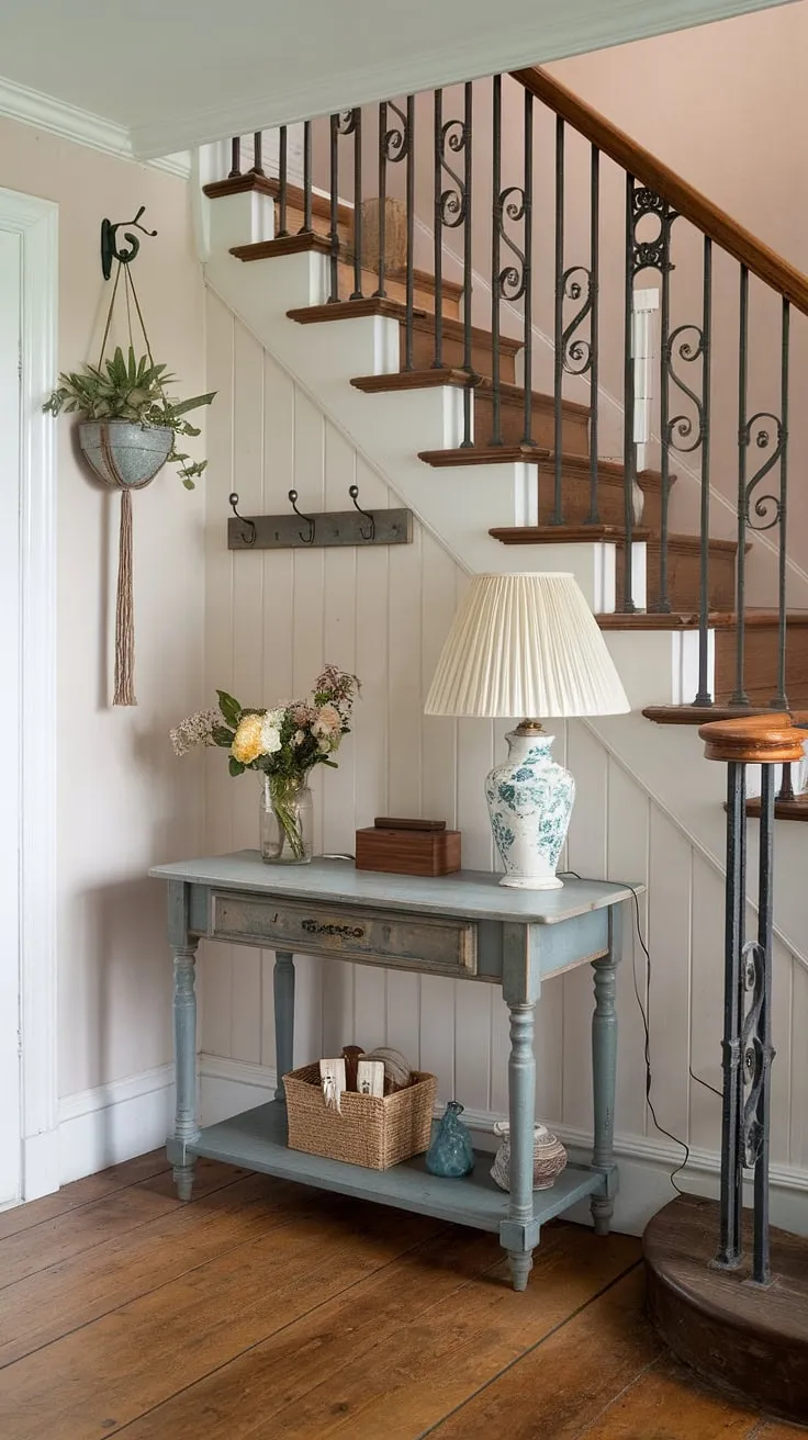 Elegant cottage entryway charm is evoked through a vintage hallway table and carefully chosen décor.