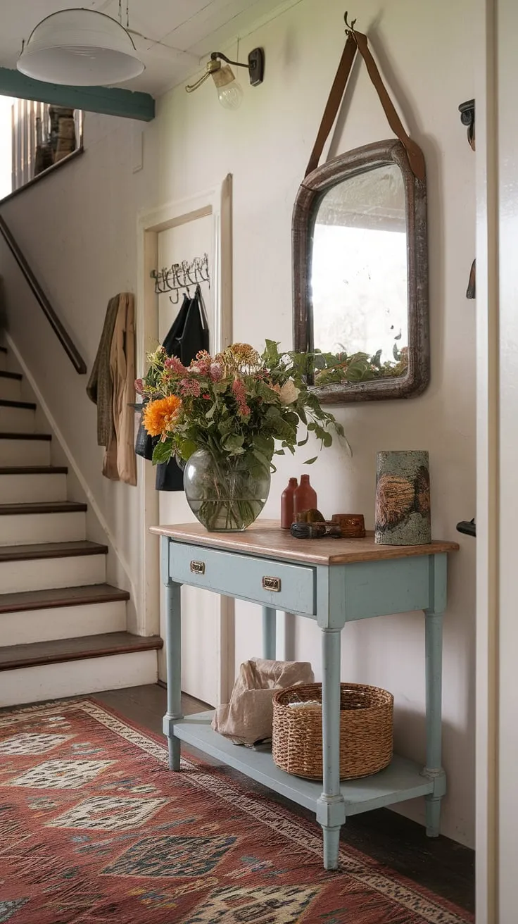 Elegant cottage entryway charm is defined by a vintage hallway table, floral vase, and patterned rug