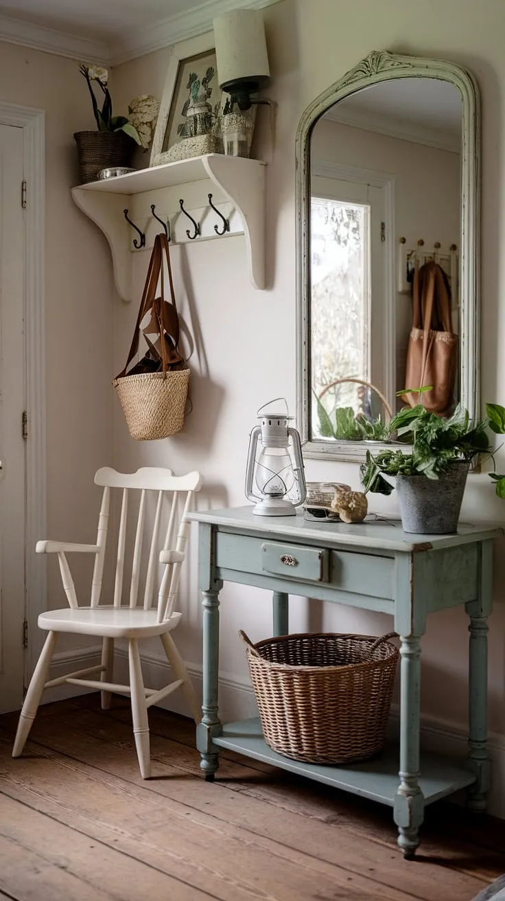 Elegant English charm fills a cottage entryway, showcasing vintage furniture and homely décor.