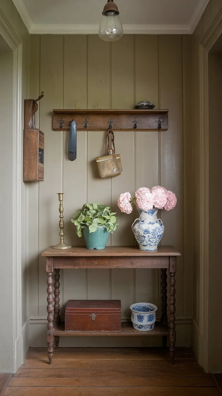 A vintage English cottage entryway welcomes with rustic charm, its hallway table adorned with flowers and charming decorative accents.