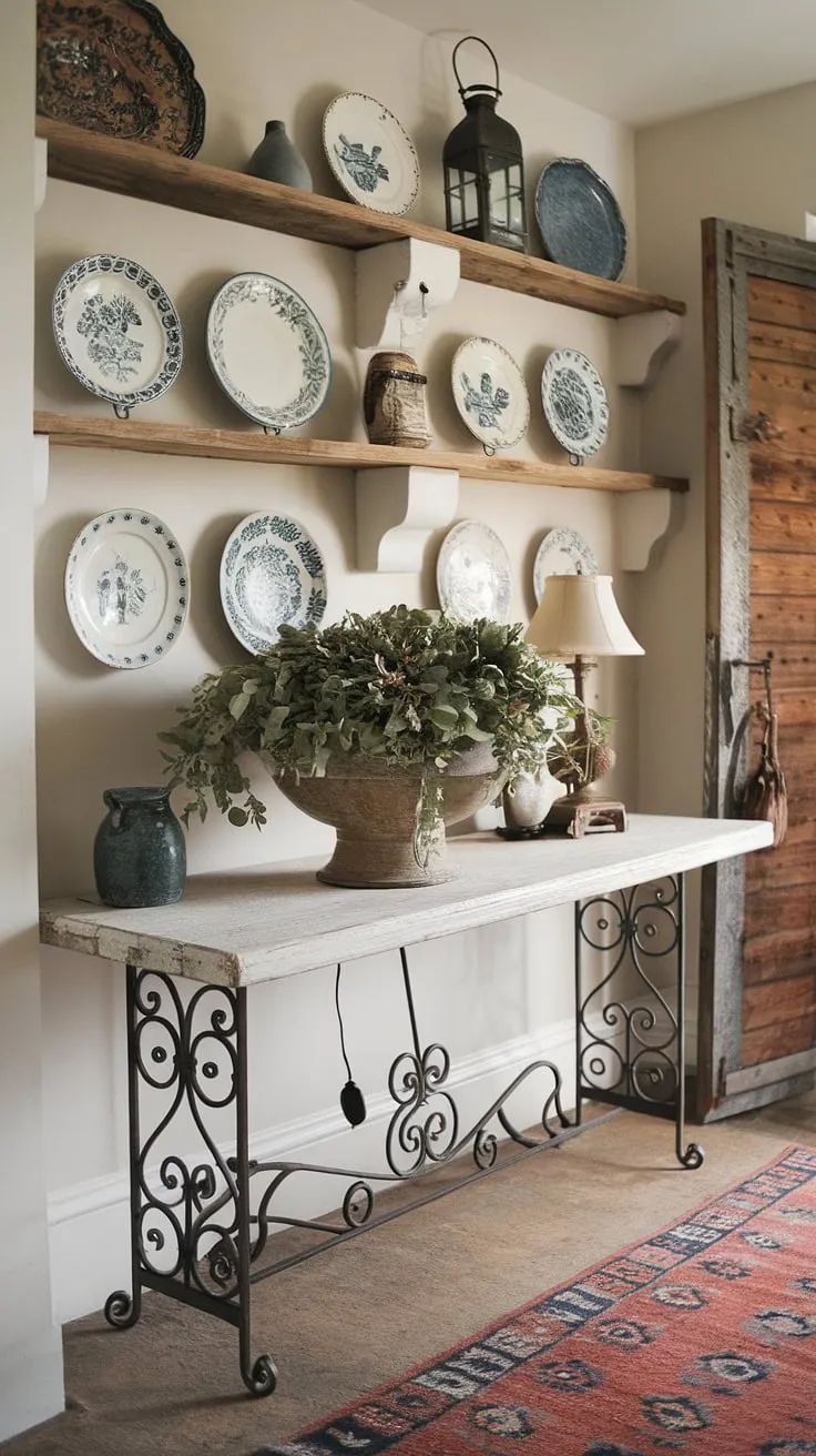A whitewashed table and patterned rug create a welcoming and stylish cottage entry.