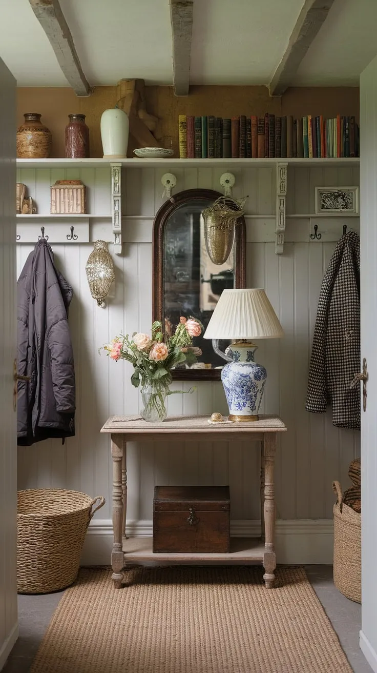 Classic English charm fills a cozy cottage entryway, showcasing vintage details and inviting warmth