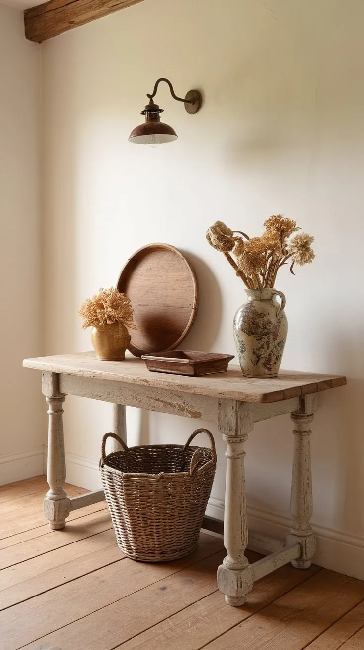 A vintage hallway table and charming décor create a warm and inviting cottage entryway.