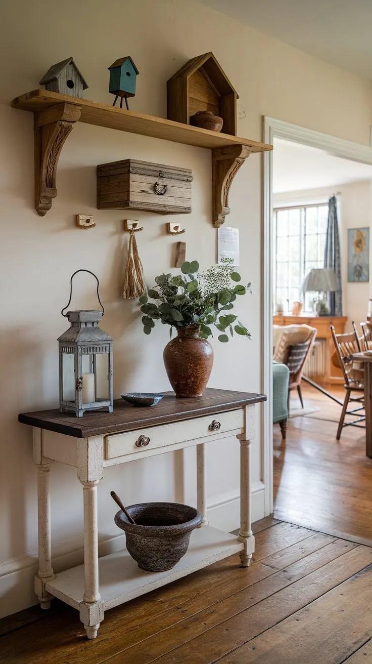 A charming English cottage entryway, brimming with vintage details and cozy warmth, welcomes you home