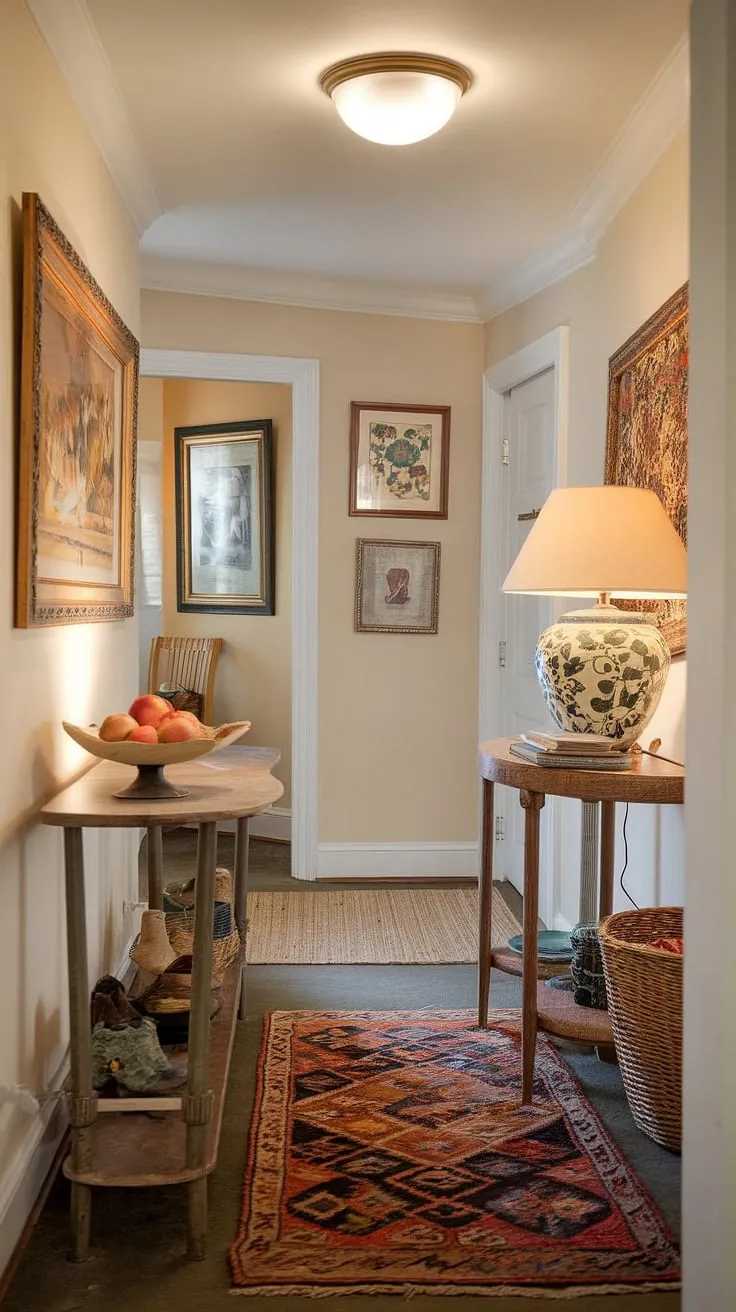 Warm lighting and charming details create a welcoming cottage entryway, perfect for relaxing after a long day.