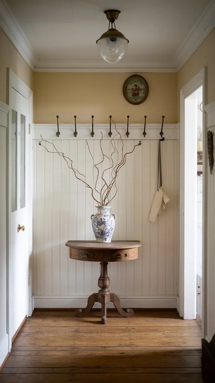 A vintage cottage hallway exudes timeless elegance with its classic design and understated decor.
